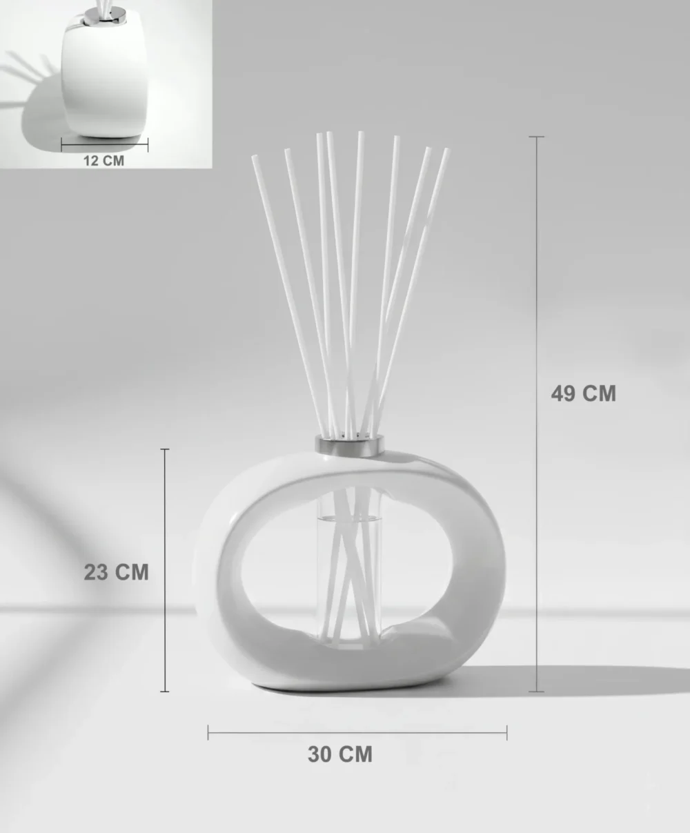 Large oval porcelain diffuser vessel with central glass insert and fibre reeds, shown with full product dimensions
