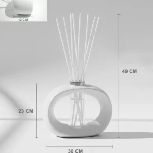 Large oval porcelain diffuser vessel with central glass insert and fibre reeds, shown with full product dimensions