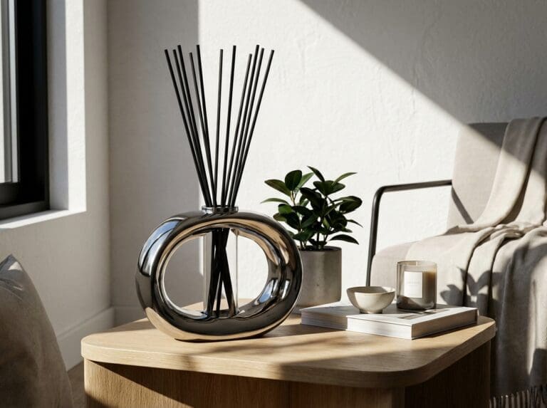 Metallic reed diffuser with black reeds on a wooden table beside a candle, books, and a potted plant in a sunlit living space
