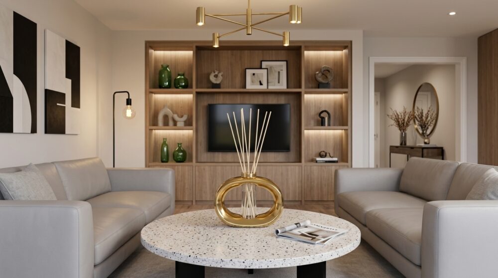 Modern living room with two gray sofas facing a speckled round coffee table and a gold sculpture centerpiece.