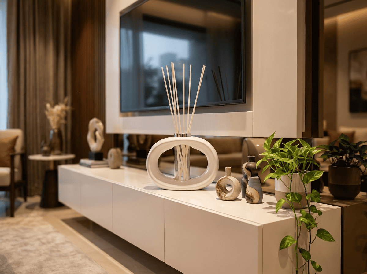 White oval diffuser with reed sticks on a glossy white console in a modern living room. (informative)