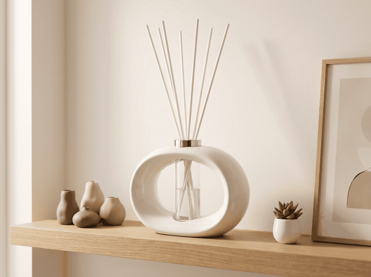 Minimalist white ceramic diffuser with a circular loop and reed sticks on a wooden shelf, next to small vases, a succulent, and a framed print.
