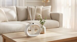 White ceramic circular diffuser with sticks on a light wooden coffee table, beside a small vase with eucalyptus in a bright, neutral living room and beige sofa.