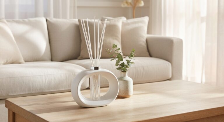 White ceramic circular diffuser with sticks on a light wooden coffee table, beside a small vase with eucalyptus in a bright, neutral living room and beige sofa.