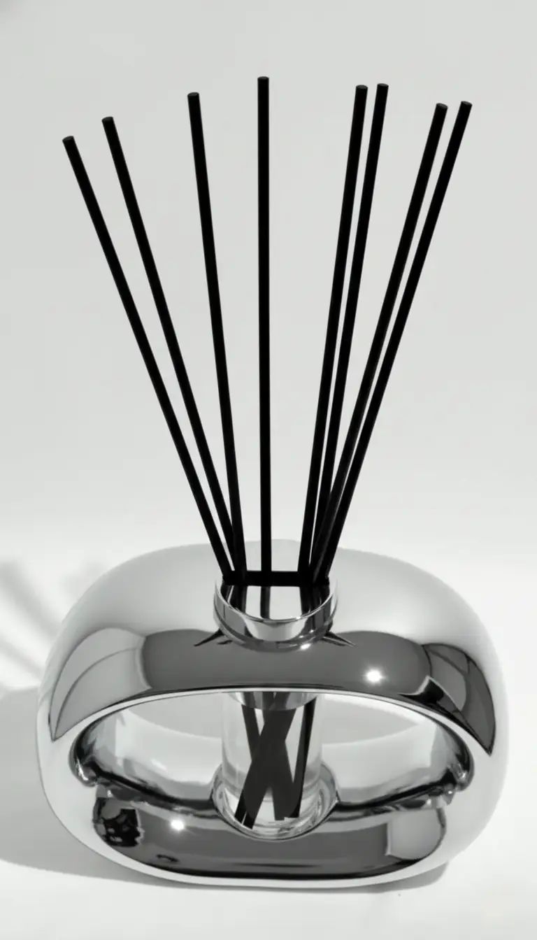 Chrome reed diffuser with black reeds in a reflective round bottle