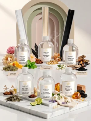 Amberly reed diffuser fragrance oil refill collection showcasing six signature scents in glass bottles with reed sticks on a clean surface.