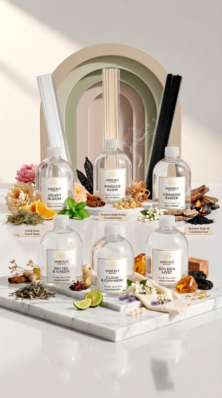 Amberly reed diffuser fragrance oil refill collection showcasing six signature scents in glass bottles with reed sticks on a clean surface.