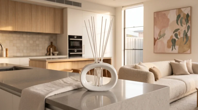 White porcelain reed diffuser in a modern open plan kitchen and living room with natural light