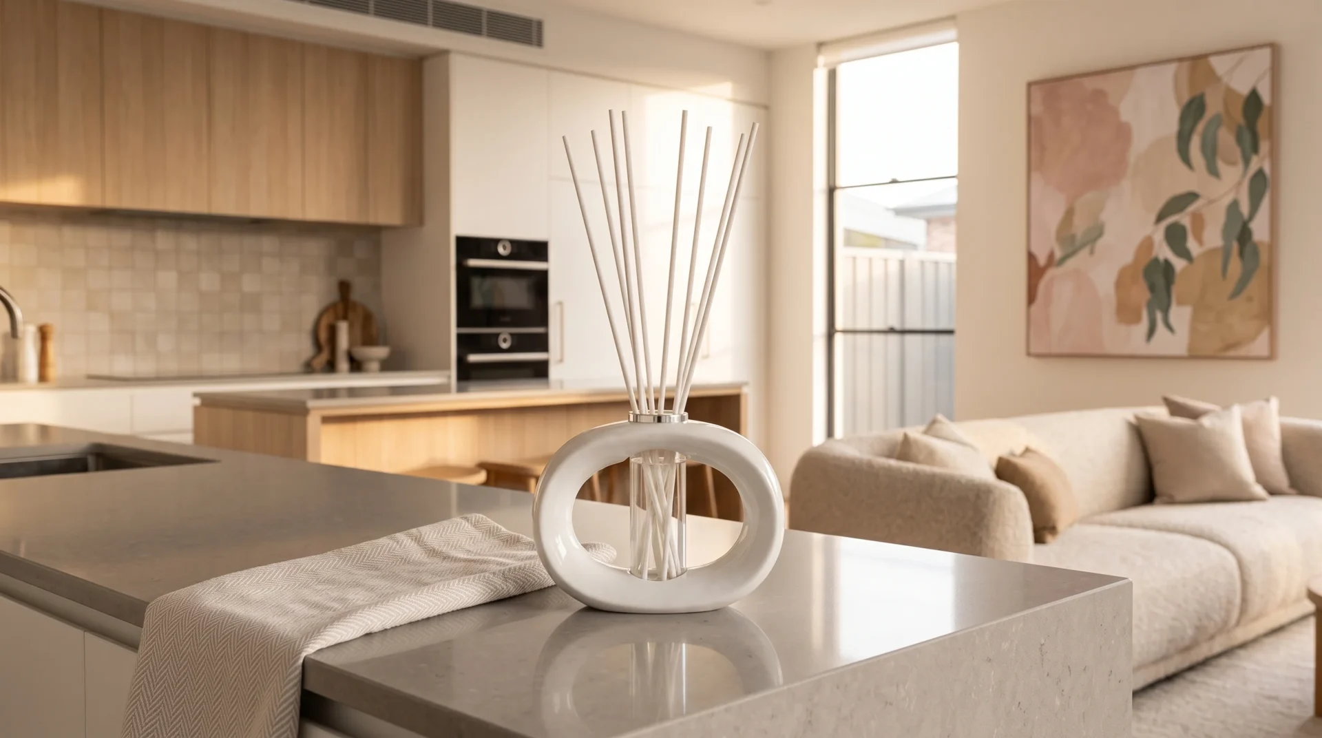 White porcelain reed diffuser in a modern open plan kitchen and living room with natural light