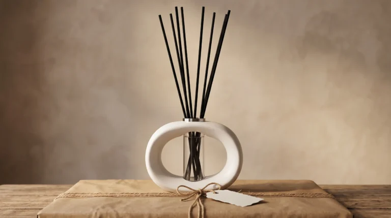 White circular ceramic diffuser holder with black reeds on a wooden table