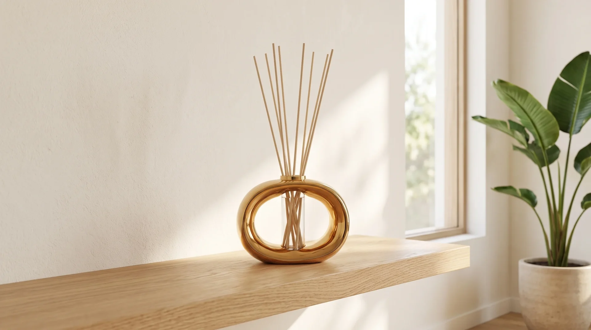 Gold reed diffuser on a wooden shelf in a bright modern home with natural sunlight
