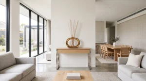 Gold porcelain reed diffuser in a bright open plan living room