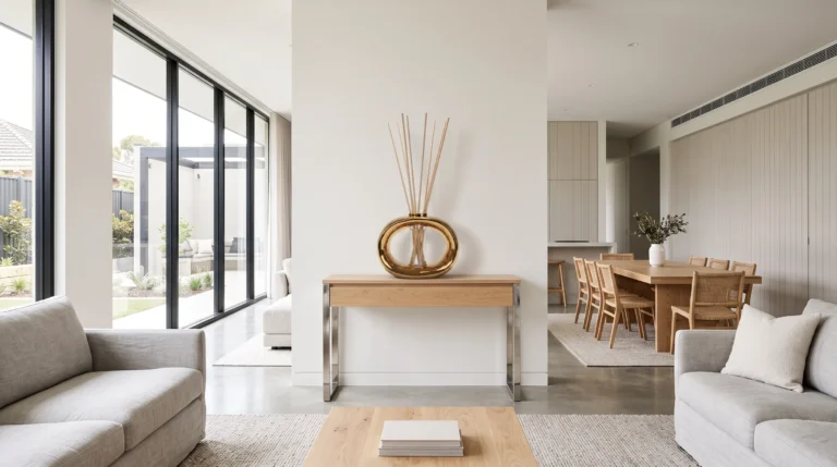 Gold porcelain reed diffuser in a bright open plan living room
