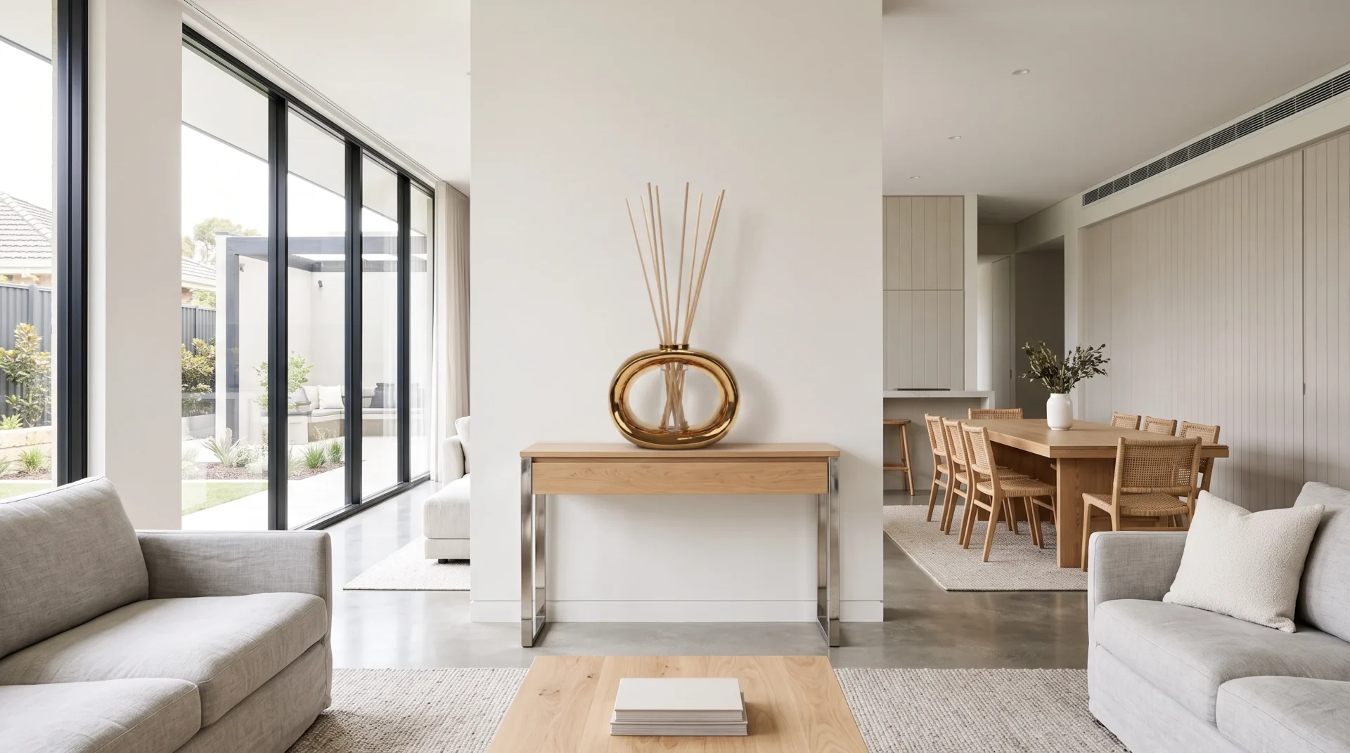 Gold porcelain reed diffuser in a bright open plan living room