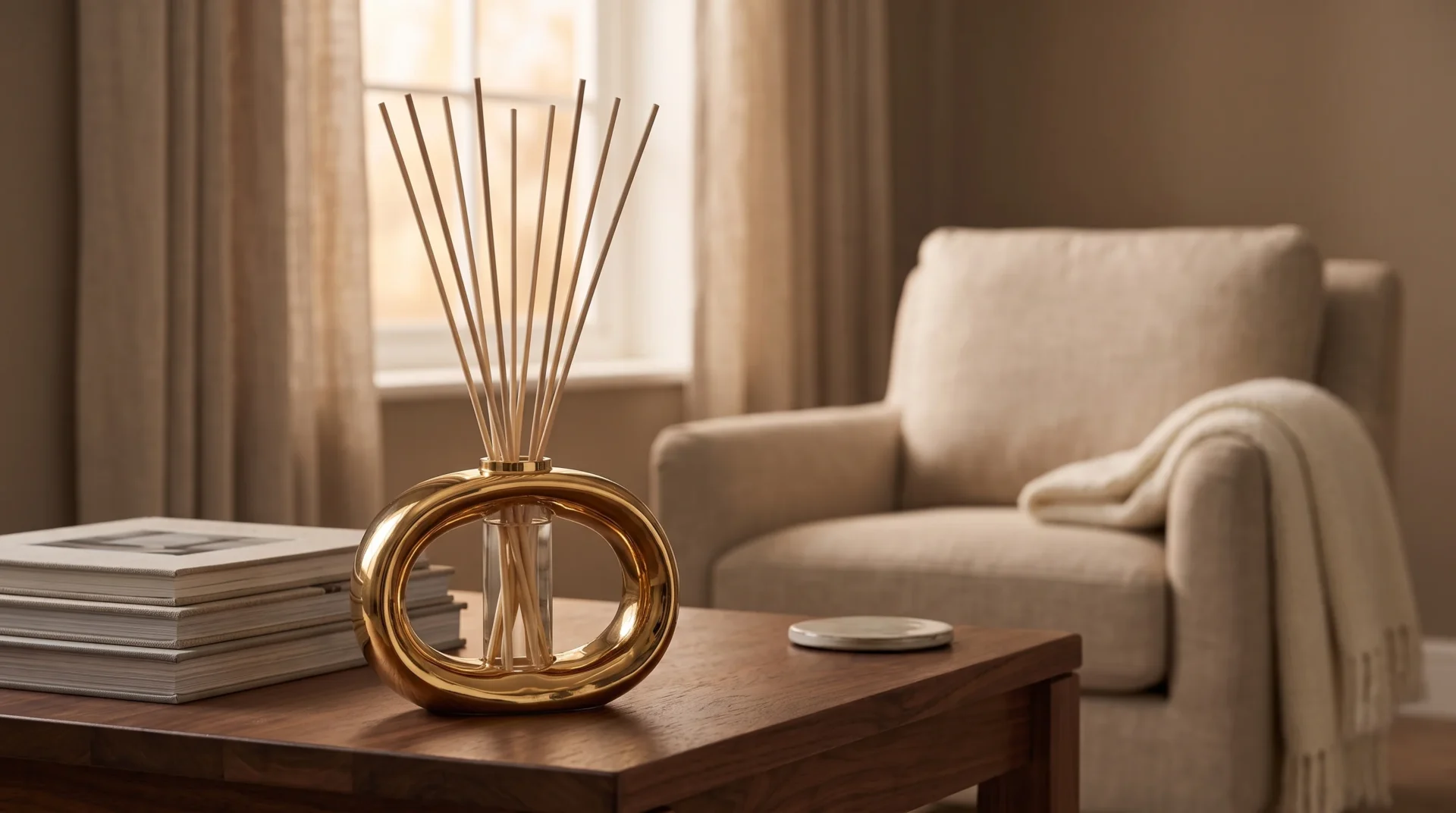 Gold porcelain reed diffuser in a warm cosy living room with books and armchair, soft evening light