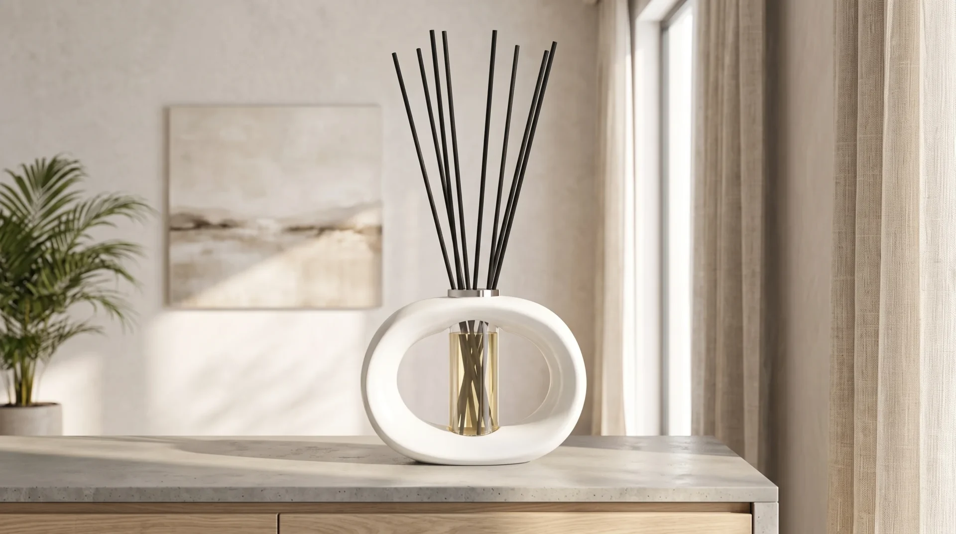 Contemporary decorative sculpture: a white circular ring surrounding gold rods on a marble tabletop in a bright living space