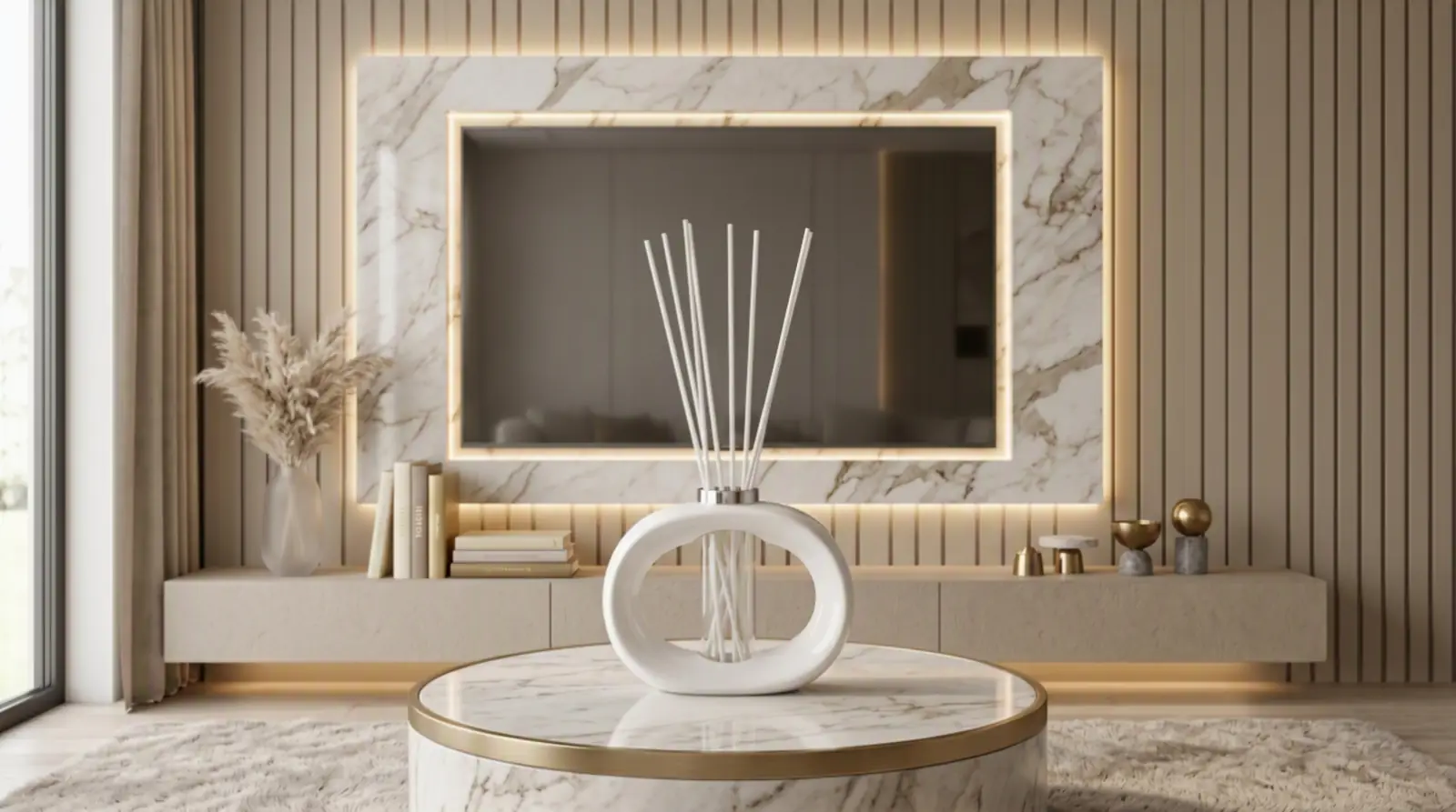 Metallic reed diffuser in a sunlit living space