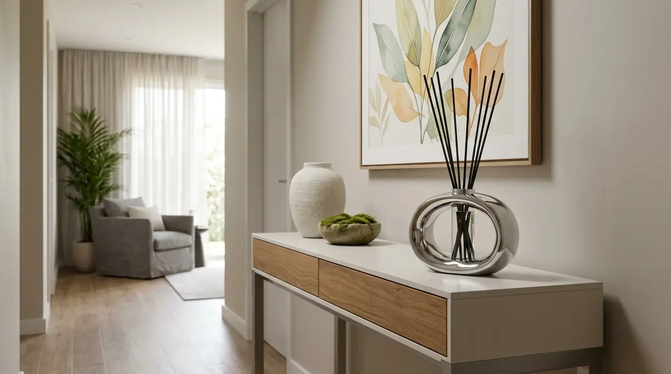 White porcelain reed diffuser on a marble reception counter in a modern lobby