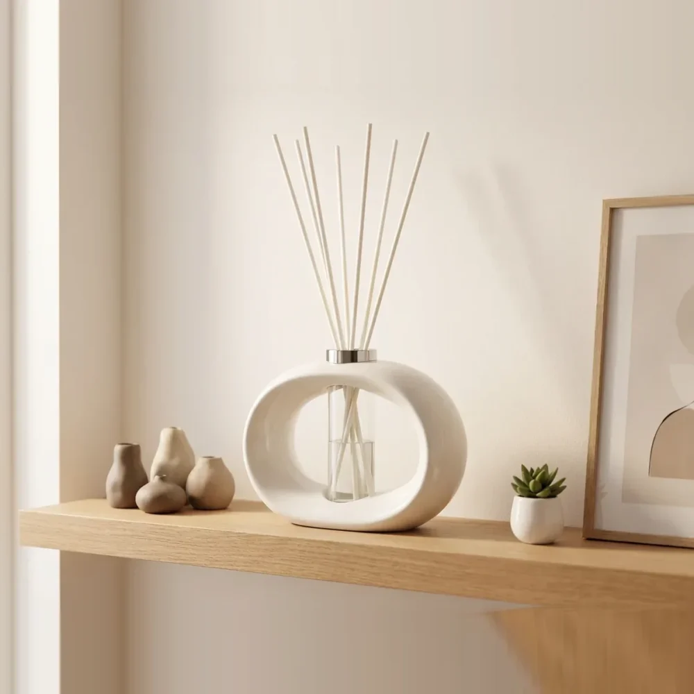 White porcelain Amberly reed diffuser with 45cm fibre reeds styled on an oak floating shelf in a modern living room
