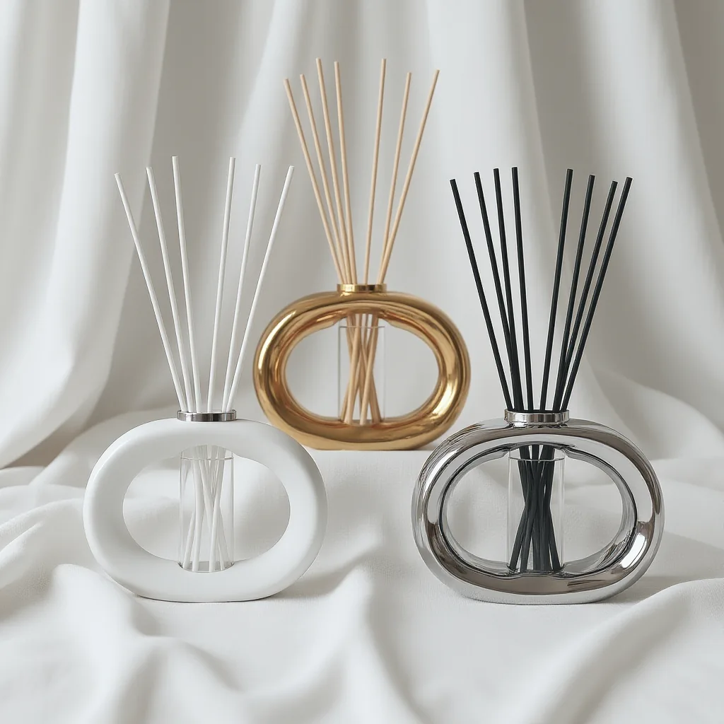 Amberly porcelain reed diffuser trio in white, amber and charcoal